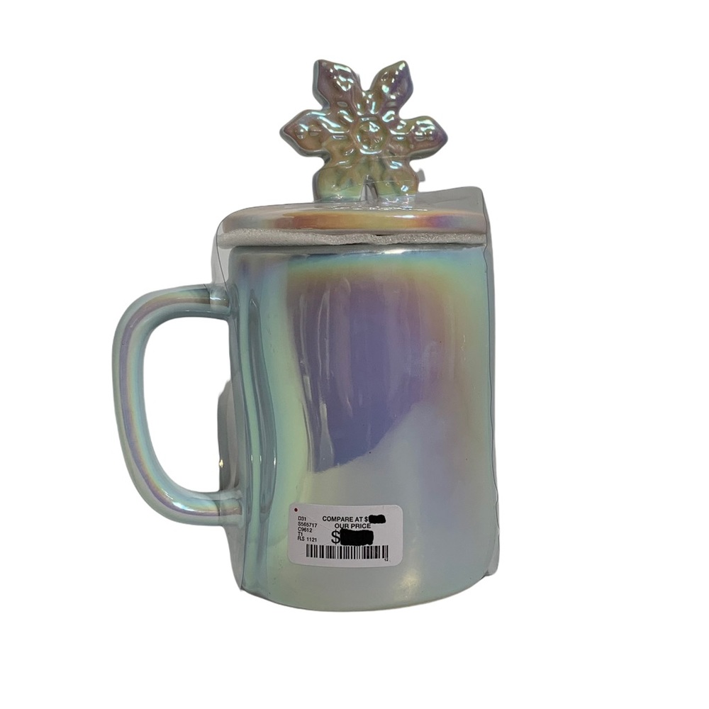 ‼️SOLD‼️ RAE DUNN “BABY IT’S COLD OUTSIDE” Mug Iridescent Blue Snowflake Topper - Picture 4 of 10